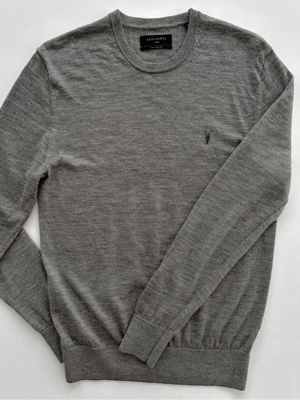AllSaints 100% Merino Wool Gray Crewneck Sweater Men’s Size Large Lightweight - Picture 1 of 8